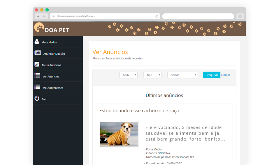 Tela do sistema para doar e adotar animais O Sistema de doação de animais